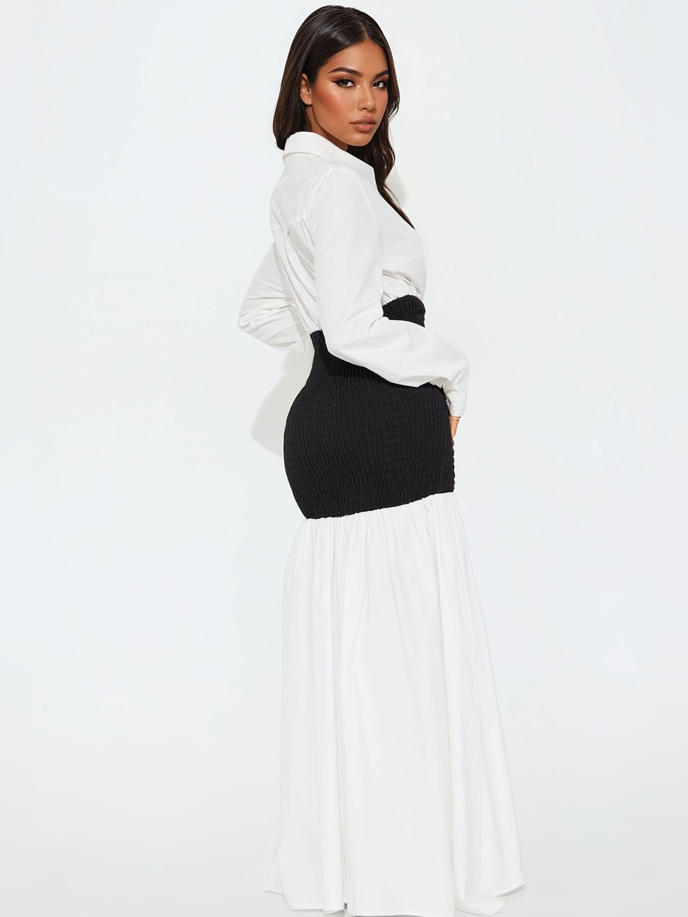 Fashion Nova Olivia Smocked Maxi Shirt Dress - White/Black - Picture 2 of 5